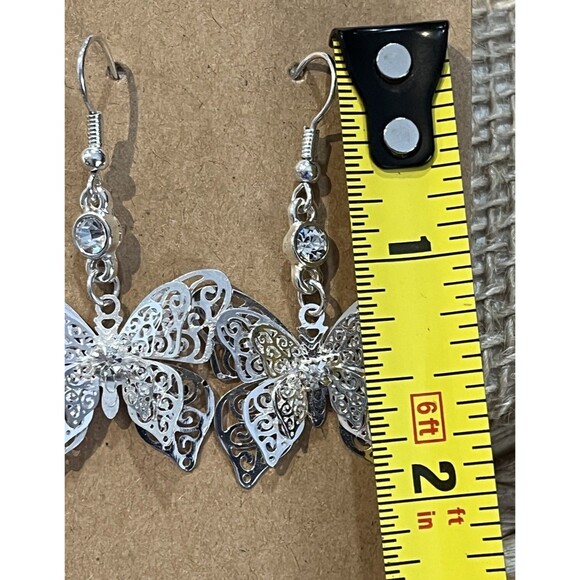 Silver Tone Filigree Style 3D Butterfly Earrings Rhinestone Accents Novelty - Picture 5 of 7